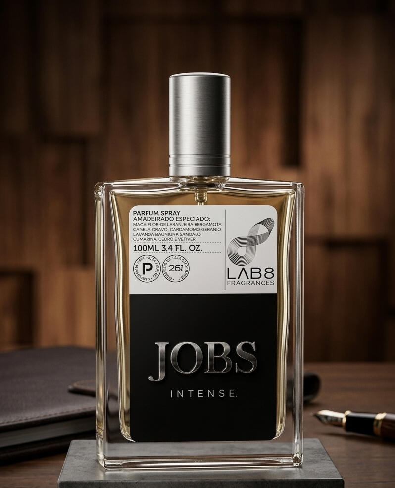 Lab 8 Jobs intense Jobs Intense é um perfume masculino sofisticado que combina frescor na abertura, especiarias elegantes no coração e uma base amadeirada quente com baunilha